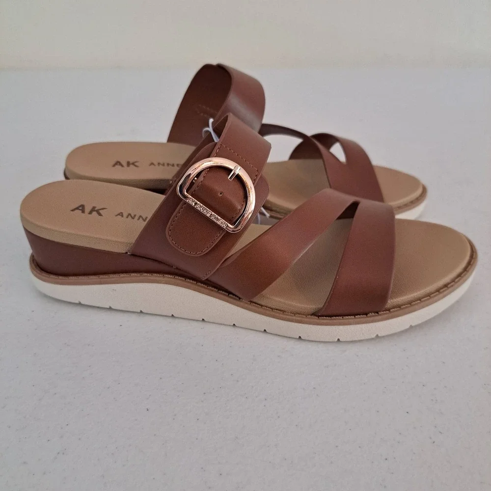 Anne Klein iFlex Wedge Sandals Womens 7.5 Cognac New Buckle Strappy 1247-630